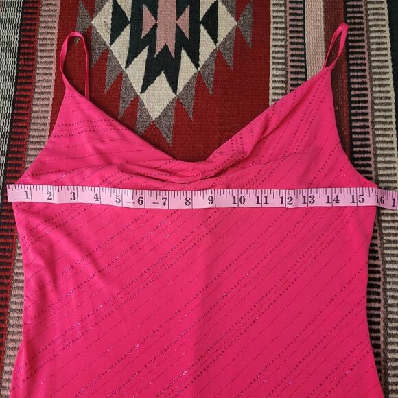 Vtg 90s Y2K City Triangles Glittery High Low Hem Slip Dress Sz S Pink Cowl Neck - Picture 6 of 9